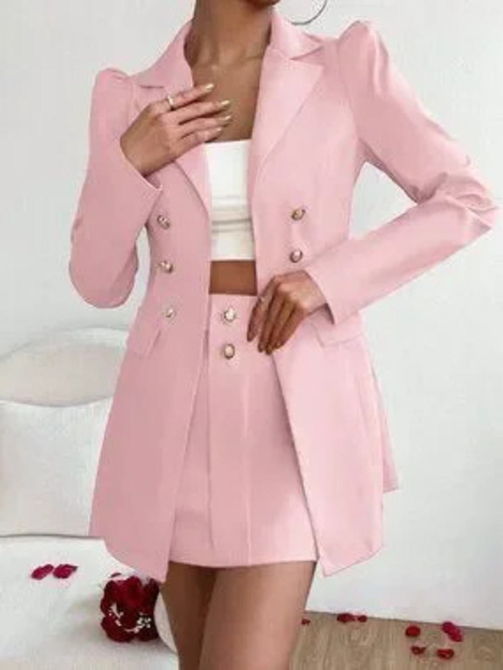 Pink Elegant Women's Elegent Suit Blazer Skirt Set